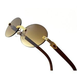 Rimless Sunglasses Oval Lens Gold Accents Wood Arms Fashion Shades Sophisticated